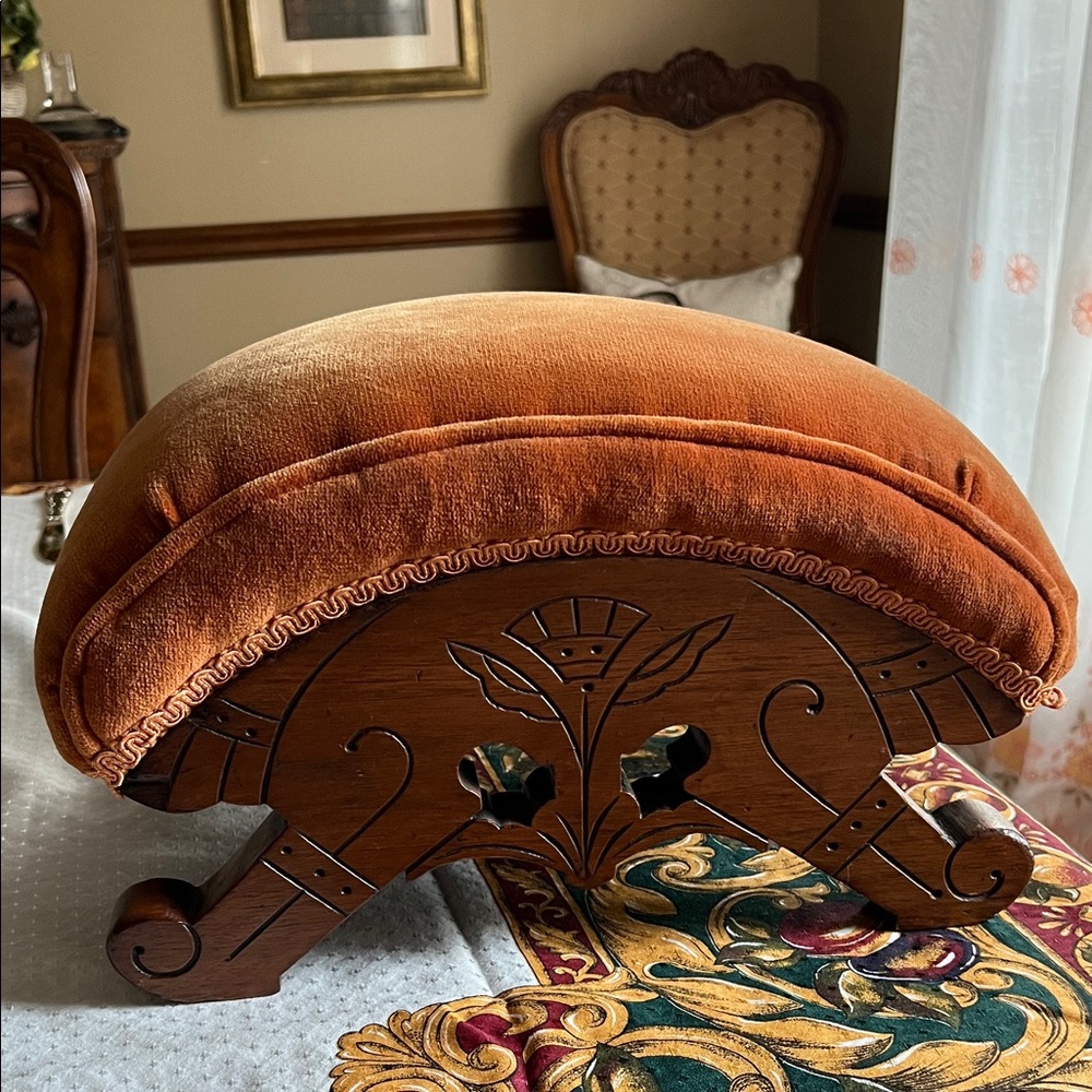 Vintage Oak Carved Details Orange Velvet Foot Stool.